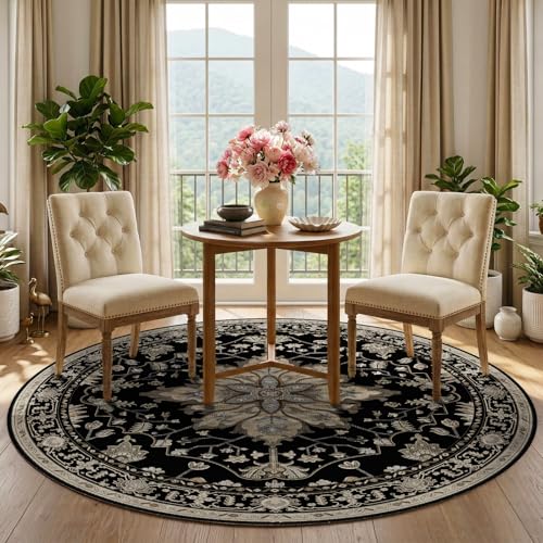 Washable Area Rug (Black/Neutral / 5' (Round))