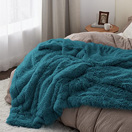 Faux Fur Fluffy Sherpa Fleece King Bed Blanket Teal 108"x90" (15- Teal / King (108" X 90"))