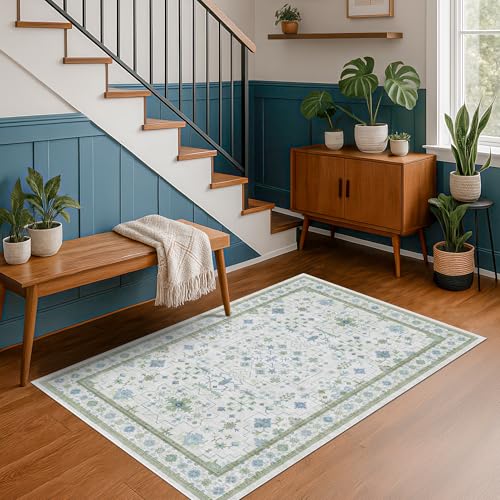Blue and Green 4x6 Rugs for Small Living Room (4' x 6' (Rectangular) / Cream Green)