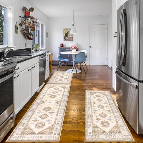 HEBE Boho Kitchen Rugs Set of 3 (Cream Tan / 20"x32"+20"x48"+20"x59")