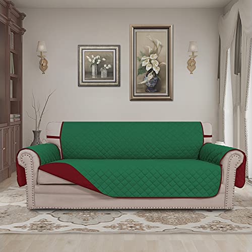 Reversible Couch Cover for 3 Cushion Couch Sofa Cover for Dogs Water Resistant Furniture Protector Cover with Foam Sticks Elastic Straps for Pet Cat (Green/Christmas Red / Large Sofa)