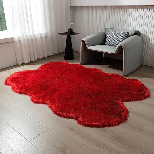 Faux Fur Rug Red Fluffy Sheepskin Area Rug (Red / 4' x 6' (Sheepskin))