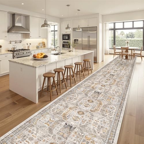 Hallway Runner Rug 3x18 Washable Kitchen Runners 18ft (Brown/Gold / 3' x 18' (Runner))