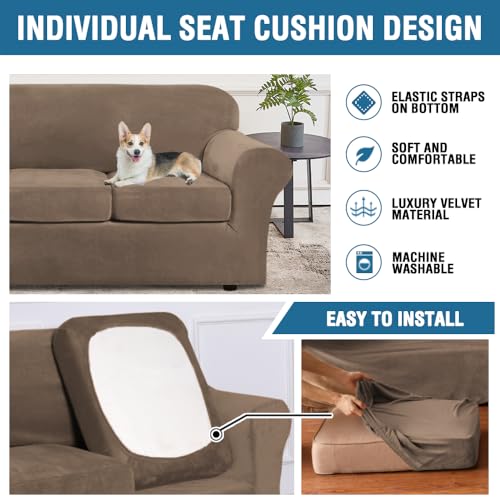Modern Velvet Plush 4 Piece High Stretch Sofa Slipcover Furniture Protector Form Fit Velvet Extra Large Sofa Cover for 3 Cushion Couch Width Up to 105 Inch (3 Cushion XL Sofa / Mocha)