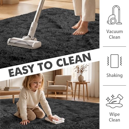5x7 Ft Shag Area Rug for Bedroom (Ba Dark Grey Solid / 5' X 7' (Rectangular))