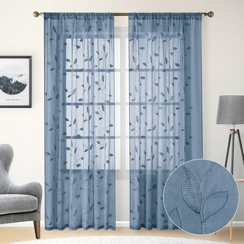 Stone Blue Sheer Curtains Floral Embroidered (52"W x 84"L (Pack of 2) / Stone Blue)