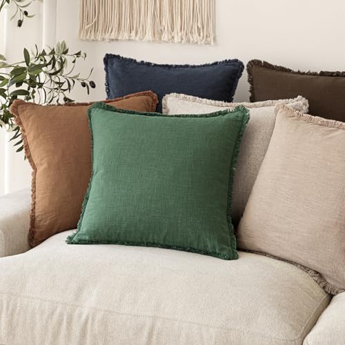 Decorative Linen Fringe Throw Pillow Covers 24×24 Pine Green (24" x 24" (Pack of 2) / Abundant Green)