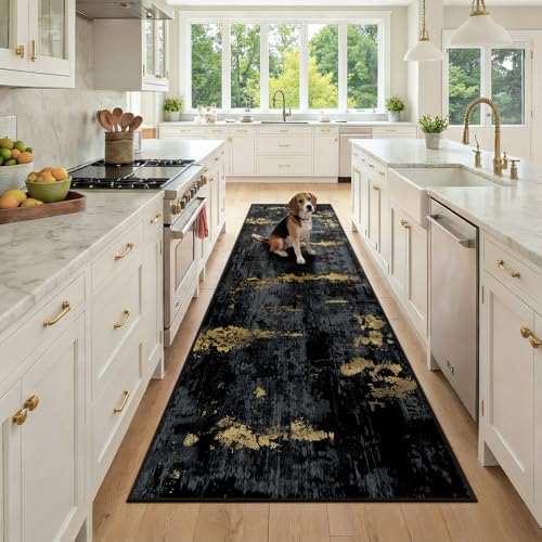 Washable Runner 3'x9' Abstract Area Rug for Hallway Black Gold (Black/Gold / 3' x 9' (Runner))