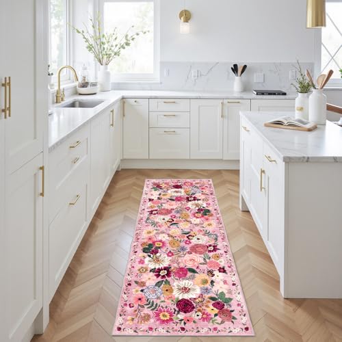 Pink Floral Hallway Runner Rug 2x6 for Bedroom Kitchen (Pink / 2' x 6' (Rectangular))