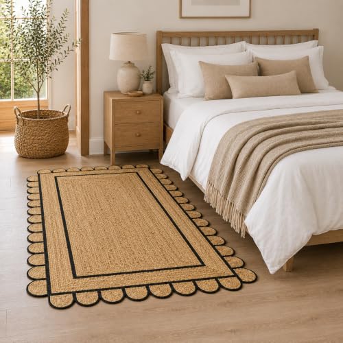 Scalloped Jute Area Rug 8X10ft Natural Hand Woven Black Trim (Natural Black-56 / 8' x 10' (Rectangular))