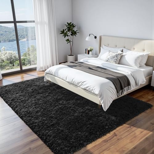 8x10 Fluffy Shag Area Rugs for Living Room Bedroom (Black / 8' x 10' (Rectangular))