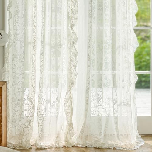 Lace Ruffle Curtains 2 Panels (59"W x 72"L (Pack of 2) / Cream)