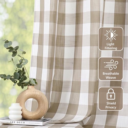 Tan Gingham Buffalo Plaid Check Grommet Curtains 95 Inch Length (Beige/White / 52"W x 95"L (Pack of 2))