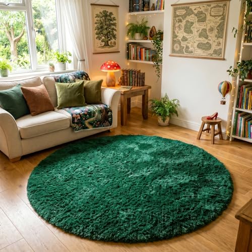 Dark Green Round Fuzzy Rug 4Ft for Kids Bedroom Living Room Dorm (Dark Green / 4' (Round))
