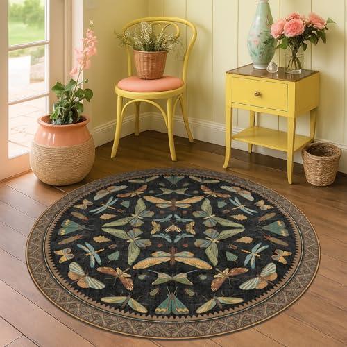 Black Boho 4ft Round Small Rugs for Entryway Non Slip (4' (Round) / Black / Multi)