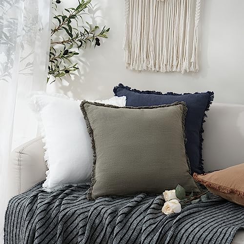 Decorative Linen Fringe Throw Pillow Covers 22×22 Inch (22" x 22" (Pack of 2) / Navy Blue)