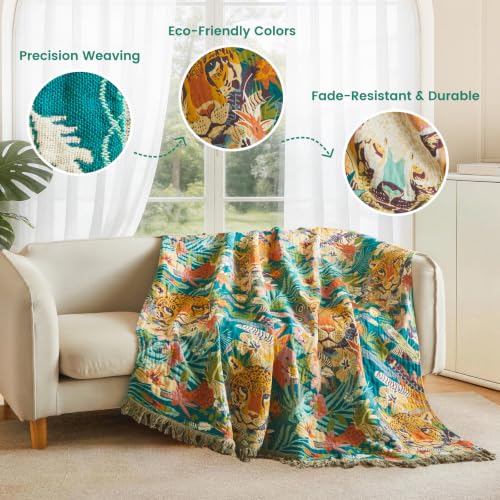 Boho Throw Blanket 50"x60" Fall Cotton Leopard Animals Blanket (Leopard Forest / 50"x60")
