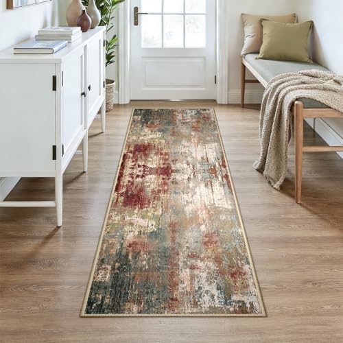 Washable Runner 3'x7' Abstract Area Rug for Hallway Rustic Brown (Rust Red/Green/Blue/Multi / 3' x 7' (Runner))
