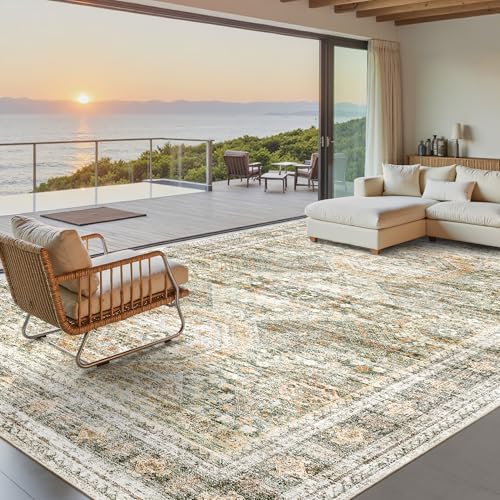 Washable Area Rug 8x10 Large Soft Living Room Rugs Green (Green/Orange / 8' x 10' (Rectangular))