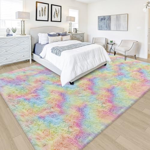 Fluffy Rainbow Colorful Area Rug for Living Room 6x9 Kawaii Tie Dye Rug Fuzzy Indoor Floor Unicorn Rug for Bedroom Girls Kids Nursery Baby Princess Room Dorm Home Decor Aesthetic Carpets (Tie-dyed Rainbow / 6' x 9' (Rectangular))