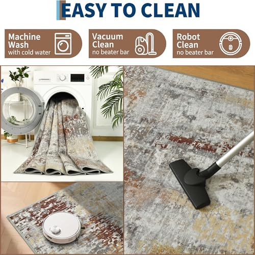 Living Room Rug 9x11 Beige Area Rugs Machine Washable Abstract Boho Large Rug Non (Grey Brown / 9' x 11' (Rectangular))