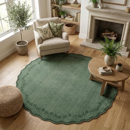 Large Round Rug 8ft Scalloped Washable Circle Living Room Rug (Green / 8' (Round))