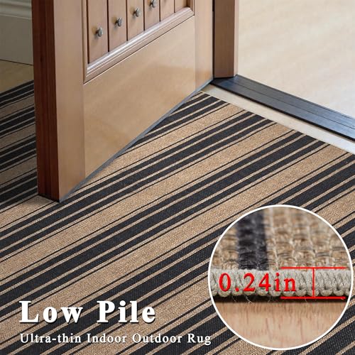 Striped Easy Jute Rug 5x7 Outdoor Patio Rug Neutral Porch Rug (5'*7'(Rectangular) / Black/Striped)