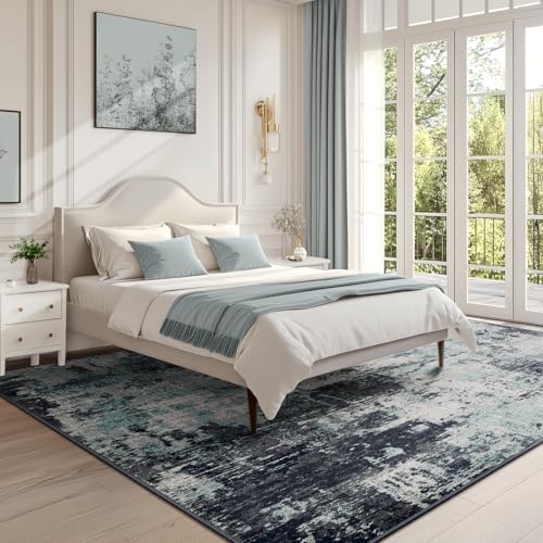 Washable 6'x8' Abstract Area Rug for Living Room Teal Black (Black/Teal Blue / 6' x 8' (Rectangular))