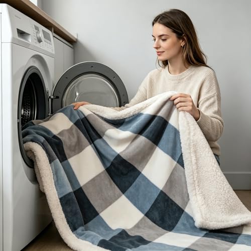 Sherpa Fleece Throw Blanket 60" x 80" Reversible Plush Fluffy Large Big Blanket Lattice Flannel Blankets for Sofa Couch Bed (Grey-blue / 60"*80")