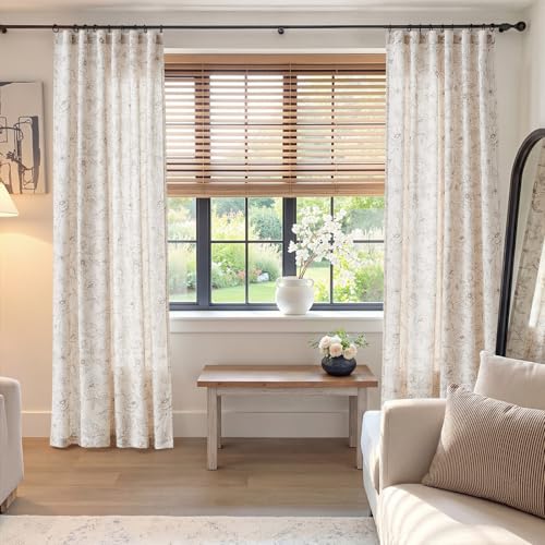 Linen Floral Curtains for Living Room 84 Inch Length Taupe Flower Curtain Rod Pocket Back Tab Farmhouse Curtains with Printed Floral Bedroom Window Curtain Set (Penny Taupe on Ecru / 50"W x 84"L (Pack of 2))
