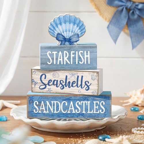4 Pcs Beach Wooden Signs Table Decor with Shell (Shell Bow)