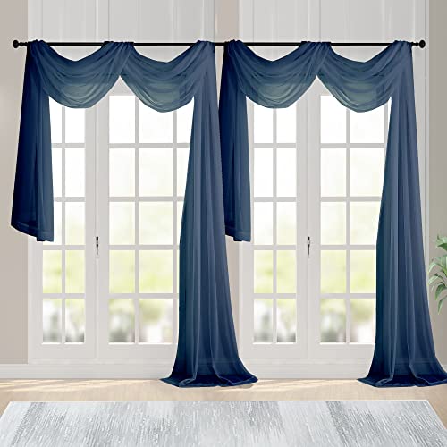 Navy Blue Sheer Scarf Valances for Windows 216 Inch Extra Long (Navy Blue / 42"W x 216"L (Pack of 2))