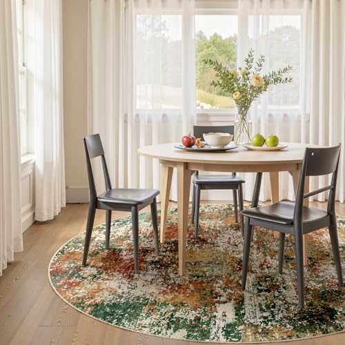 Washable Round 4ft Area Rug for Living Room Green Multi (Green/Orange/Red/Blue / 4' (Round))