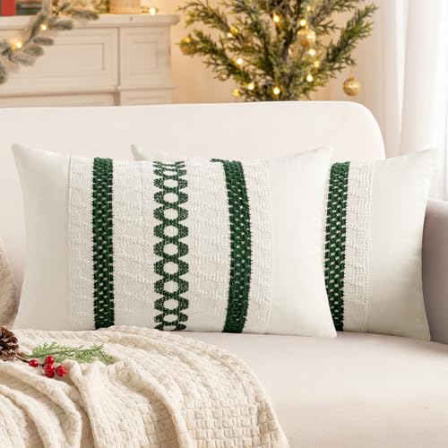 Set of 2 Dark Green Boho Decorative Lumbar Pillow Covers 12x20 Inch (20" x 12" (Pack of 2) / Dark Green)