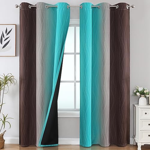 Brown and Teal Ombre Blackout Curtains for Bedroom 84 Inch (Teal and Brown / 42"W x 84"L (Pack of 2))