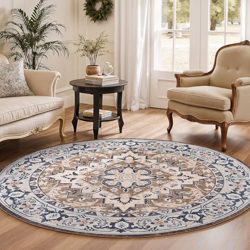4ft Round Area Rugs for Living Room (Floral Brown / 4' (Round))