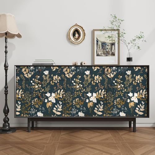 Vintage Dark Navy Gold Floral Peel and Stick Wallpaper 17.5"x118" (Blue&White / 118" x 17.5")
