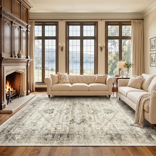 Amada Large 9x12 Washable Area Rug for Living Room (9' x 12' (Rectangular) / Grey/Beige)