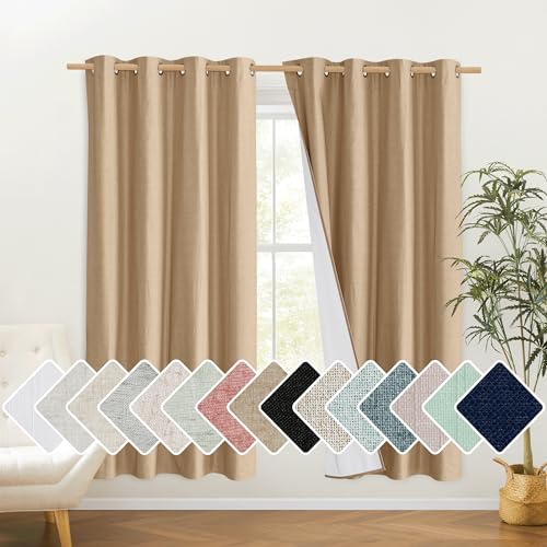 100% Absolutely Blackout Linen Curtains with Thermal Insulated White Liner (52"W x 72"L (Pack of 2) / Camel)