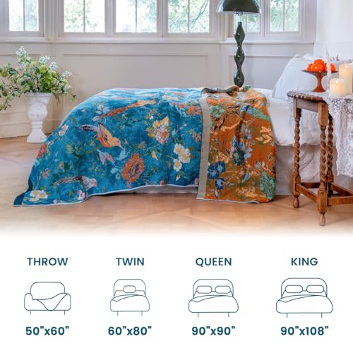 Boho Throw Blanket 50"x60" 100% Cotton Floral Bird Throw for Couch (Dark Blue Bird / 50"x60")