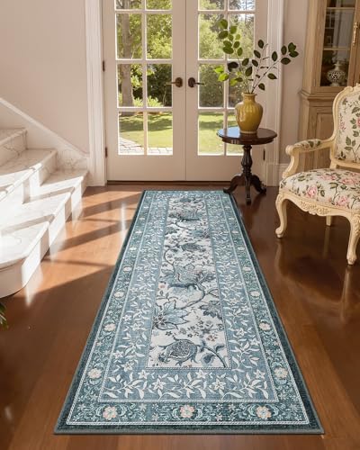 Provence Misty Blue 2x6 Washable Kitchen Runner Rugs Non Slip Vintage Boho Cottage Long Rug for Hallways Bedroom Entryway Bathroom Mat with Rubber Back (Oriental Misty Blue / 2' x 6' (Runner))