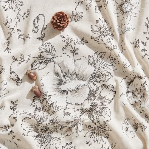 Vintage Floral Linen Curtains 63 Long for Living Room 2 Panels (Black on Beige / 42"W x 63"L (Pack of 2))