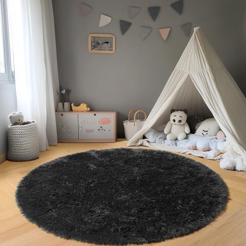 Black Fluffy Round Rug Circle Area Rugs 4ft for Kids Girls Boys Bedroom (Black / 4' (Round))