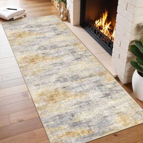 2x6 Runner Rug Washable Abstract (Grey/Yellow / 2' x 6')