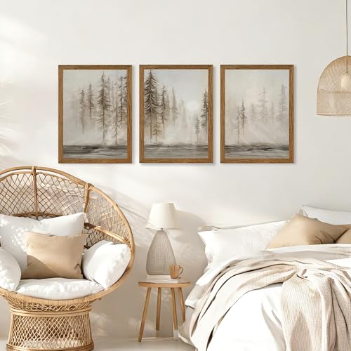 Triptych Neutral Misty Forest Framed Canvas Wall Art (16"L x 12"W / Sunny Forest)
