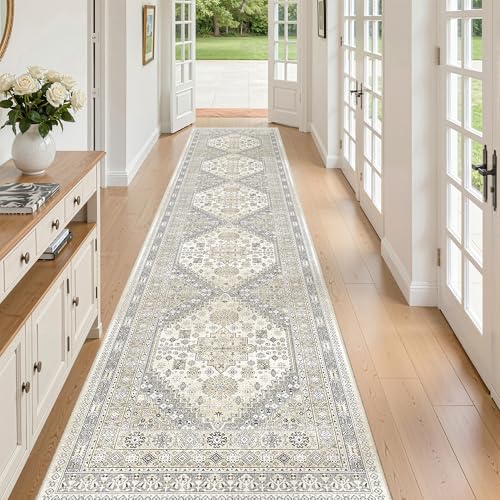 2'6 x 12' Runner Rug Non Slip (Beige/Grey / 2'6" x 12' (Runner))