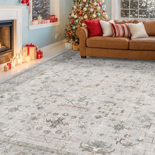 Washable Light Gray & Sage Living Room Rug 6x9 (6' x 9' (Rectangular) / Light Gray / Sage)