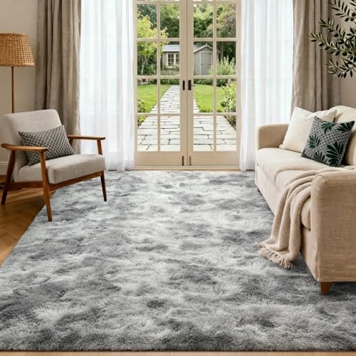 4x6 Ft Shag Rugs for Bedroom Living Room (Ab Tie Dyed Light Grey / 4' X 6' (Rectangular))