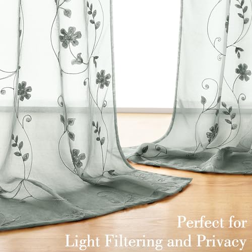 Sage Green Sheer Curtains 84 Inches Long 2 Panels Embroidered Floral Pattern Semi Sheer Window Curtains for Bedroom Living Room (52"W x 84"L (Pack of 2) / Sage Green)