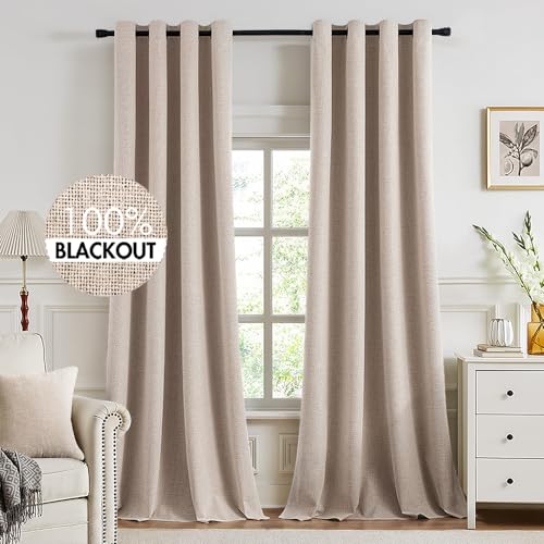 100% Blackout Linen Curtains for Bedroom 52x102 Inches Natural Beige (Beige / 52"W x 102"L (Pack of 2))